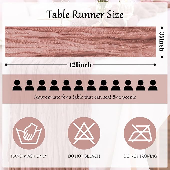 3-Pack Dusty Pink Cheesecloth Table Runners – 10FT (35x120 Inch) Boho Rustic Gauze Fabric Cheese Cloth Table Runner for Weddings, Baby Showers, Bridal Shower, Farmhouse & Birthday Party Decor