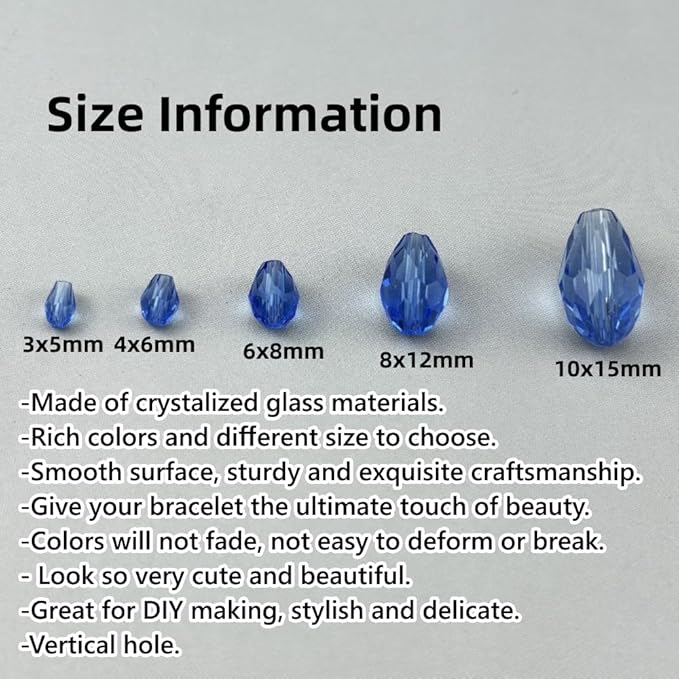 130pcs 6x8mm Teardrop Crystal Glass Beads for Jewelry Making, Faceted Vertical Hole Teardrop Glass Spacer Beads for Wind Chimes Bracelet Earring Necklace DIY Craft(Light Blue)