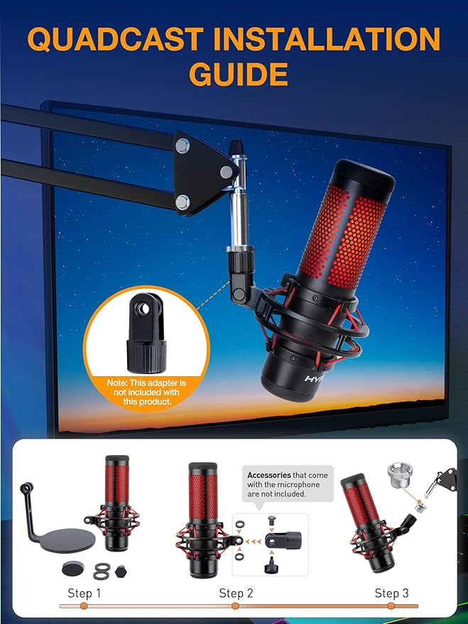 QuadCast Boom Arm, Mic Arm for Blue Yeti HyperX QuadCast SoloCast Fifine AM8 and Most Microphone, Mic Stand Desk with 3/8" to 5/8" Adapter by SUNMON