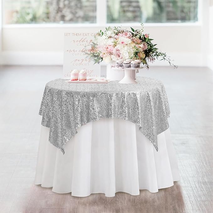 Square Silver Sequin Tablecloth- 50x50 inch, Seamless Sparkle and Glitter Party Table Cloth, Shiny for Wedding Birthday Ceremony Prom Table Decorations