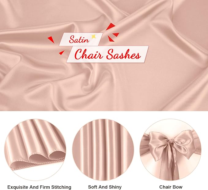 50 PCS Blush Pink Satin Chair Sashes Bows Universal Chair Ribbon Ties Back Sash for Wedding Party Reception Events Banquets Hotel Event Chair Cover Decoration (7x108 inch)