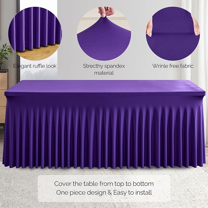 Wish Care 6 Pack Dark Purple Spandex Table Clothes for 6 Foot Rectangle Tables, 6FT Wrinkle Free Fitted Tablecloths Ruffles Design Table Cover for Party, Banquet, Wedding and Events