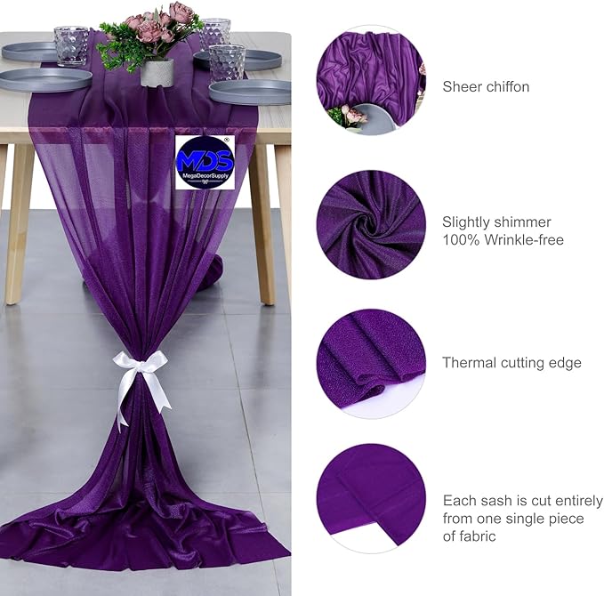 MDS 10 Pack 10ft Chiffon Table Runner 29 x 120 Inches Sheer Wedding Runner Romantic Rustic Table Runner for Wedding Decorations, Birthday Parties, Bridal Shower Party Arch Decor - Cadbury Purple