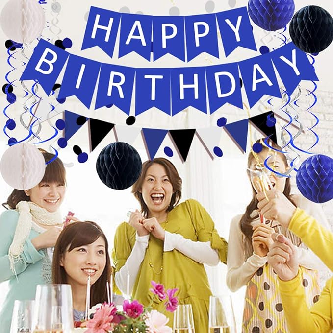 FECEDY Navy Blue White Black Happy Birthday Banner&Cute Flag Bunting Paper Circle Confetti Garland Swirl Streamers Honeycomb Ball for Birthday Party Decorations