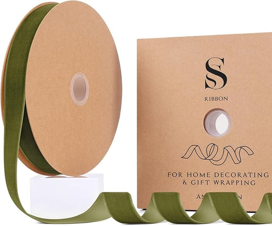 Olive Green Christmas Velvet Ribbon for Tree, Gift Wrapping, Flower Bouquet, Wreath Decorations, Bow Making 1'', 25 Yards