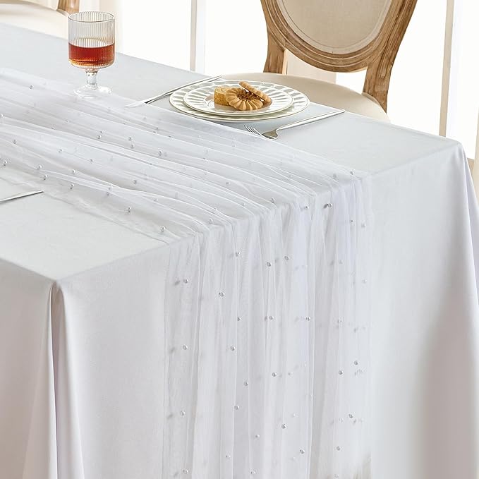 Fanami 6 Pack Pearl Table Runner -10FT Ivory White Boho Tulle Table Runners 120 Inches Long Rustic Sheer Lace Fabric Centerpieces for Wedding Arch Birthday Party Bridal Veil Baby Shower Decorations