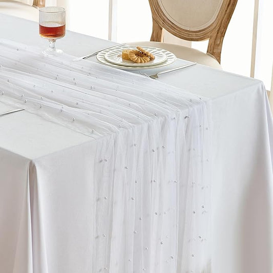 Fanami 3 Pack Pearl Table Runner -10FT Ivory White Boho Tulle Table Runners 120 Inches Long Rustic Sheer Lace Fabric Centerpieces for Wedding Arch Birthday Party Bridal Veil Baby Shower Decorations