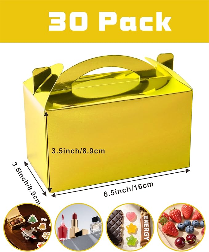 TIMESEEK 30-Pack Metallic Gold Gable Treat Boxes with Handles, 6" Pop-Up Party Favor Gift Boxes for Birthday, Wedding, Baby Shower, Eco-Friendly Candy,Cookie, Goodie Bags for Kids, Bachelorette Decor