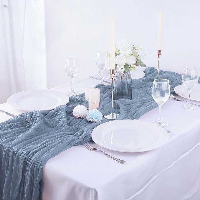 16PCS Dusty Blue Cheesecloth Table Runner 10FT Table Runner Cheesecloth 35x120Inch Boho Gauze Cheese Cloth Table Runner Long Rustic Sheer Table Runners for Wedding Party Baby Bridal Shower Table Decor