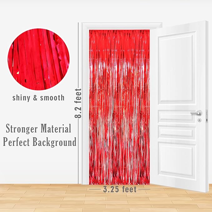 GOER 3.2 ft x 8.2 ft Metallic Tinsel Foil Fringe Curtains,Party Streamer Backdrop for Birthday,Graduation Decorations and New Year Eve (2 Packs,Red)