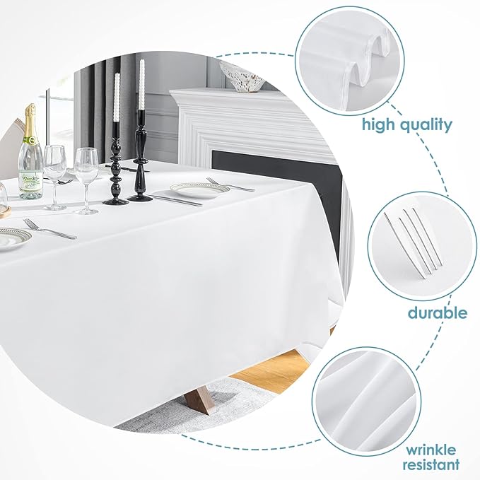 VidaFete 2 Pack 90*132inch Rectangle Tablecloth Polyester Table Cloth，Stain Resistant and Wrinkle Polyester Dining Table Cover for Kitchen Dinning Party Wedding Rectangular Tabletop Decoration(White)