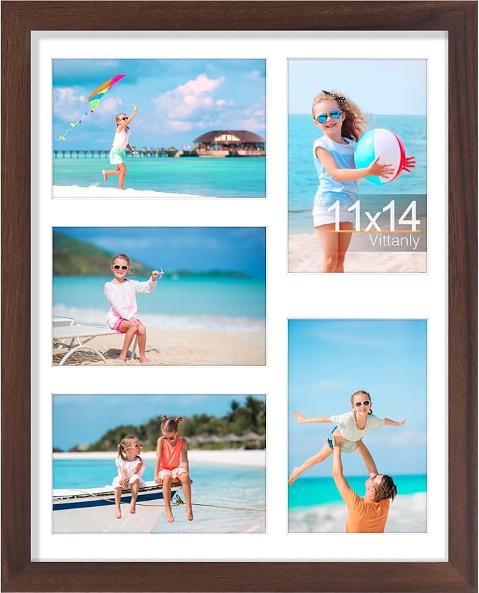 Vittanly 11x14 Collage Picture Frame, Displays 5Pcs 4x6 Pictures with Mat, Picture Frames Collage Wall Decor, Brown, 1 Pack