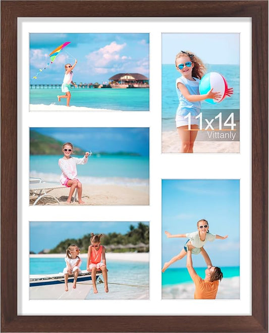 Vittanly 11x14 Collage Picture Frame, Displays 5Pcs 4x6 Pictures with Mat, Picture Frames Collage Wall Decor, Brown, 1 Pack