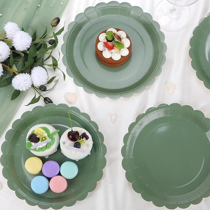 24 Pcs Sage Green Paper Plates 9 Inch Scalloped Dessert Plates - Disposable Sage Green Cake Plate - Baby Shower Birthday Party Wedding Bridal Party Supplies