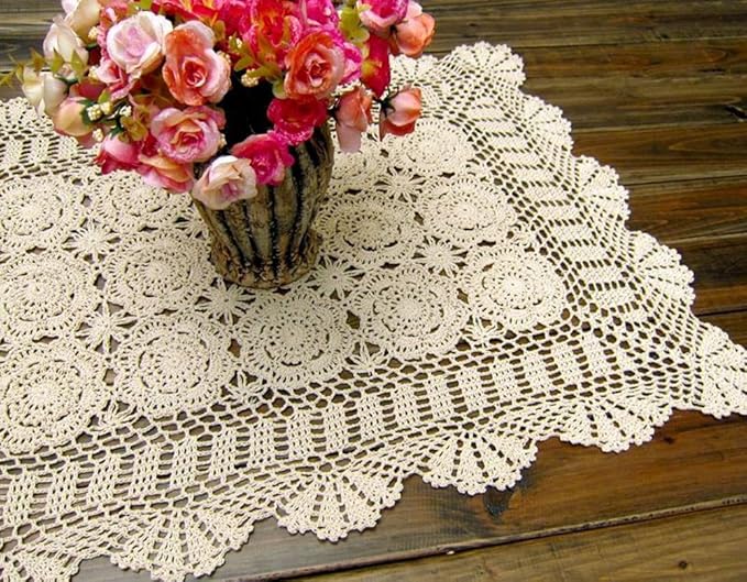 Cotton Handmade Crochet lace Table Runners Rectangular Tablecloth Doilies Doily Table Dresser Scarf Décor,19x23Inch,Beige