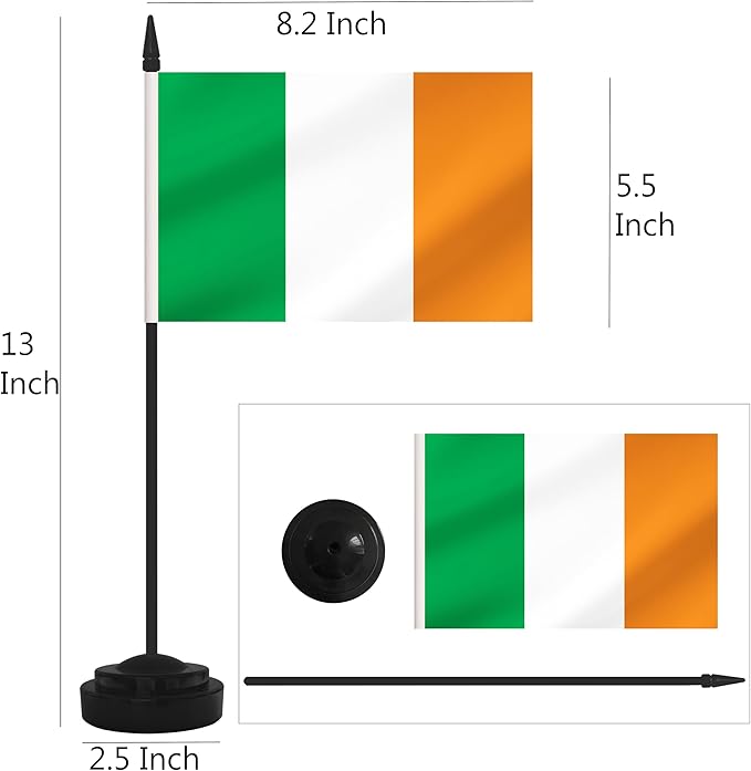 2 Pack Ireland Desk Flag Set, Irish Desktop Small Miniature Table Office Flag with 12" Black Pole and Black Base, Offices, Classroom, Home, Festival Decoration (Ireland)
