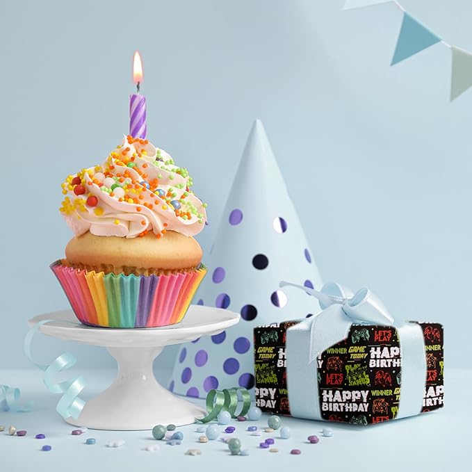 Aimyoo Gaming Birthday Wrapping Paper Roll - 17 Inch X 32.8 Feet - Black Happy Birthday Video Game Pattern Gift Wrap Paper for Boys Party, Baby Shower, Holiday