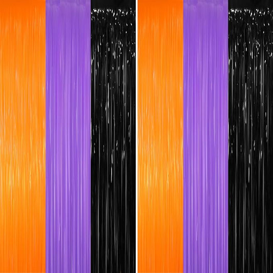 GOER 6.4 ft x 8.2 ft Metallic Tinsel Foil Fringe Party Backdrop for Halloween Birthday Graduation New Year's Party Decorations(2 Packs,Black&Orange&Purple)