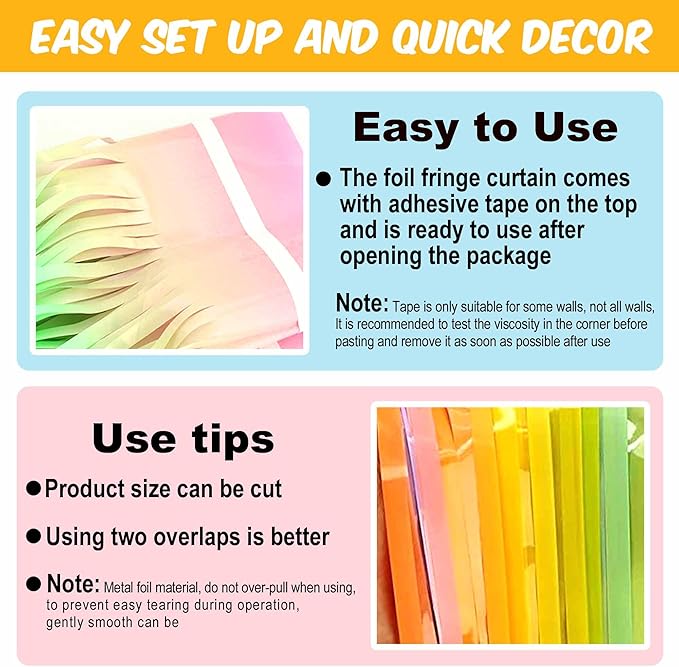 6 Pack Rainbow A Foil Fringe Curtains Backdrop, 3.28 x 8.2 Ft Metallic Streamers Tinsel Curtains Background for Photo Booth, Birthday, Weddings, Carnivals, Graduation, Themed Party Decorations