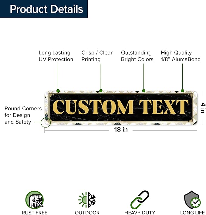 Custom Sign, Custom Street Sign, 11 Font Colors, 13 Font Styles, 4 Hole Options, 22 Sizes, 4x18 Inches, Rust Free DiBound, Fade Resistant, Made in USA by My Sign Center (Marble Tile)