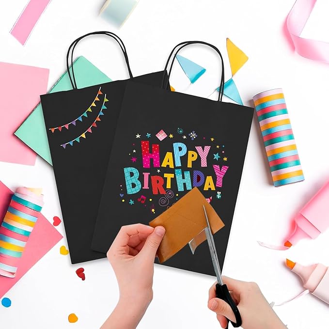 MESHA Gift Paper Bags 300 PACK 8x4.25x10.5'' Black Medium Shopping Kraft Bags Bulk with Handles Reusable for Business,Grocery,Birthday,Wedding,Kids Party,Favors