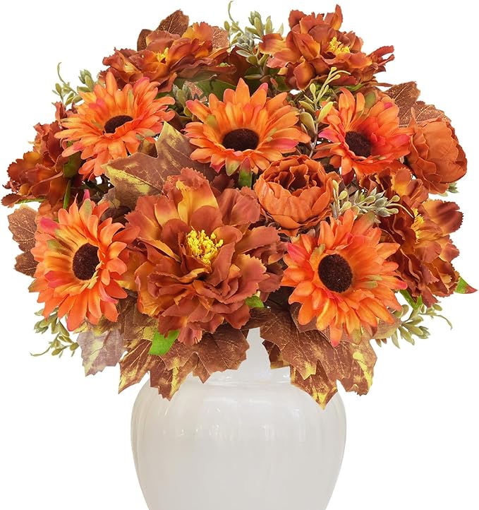 6 Pcs Fall Flowers Artificial for Decoration Silk Burnt Orange Flowers Fall Artificial Sunflowers Bouquet with Fall Leaves Stems 13 Inch Mixed Bush for Outdoor Decoration Cemetery Grave Autumn