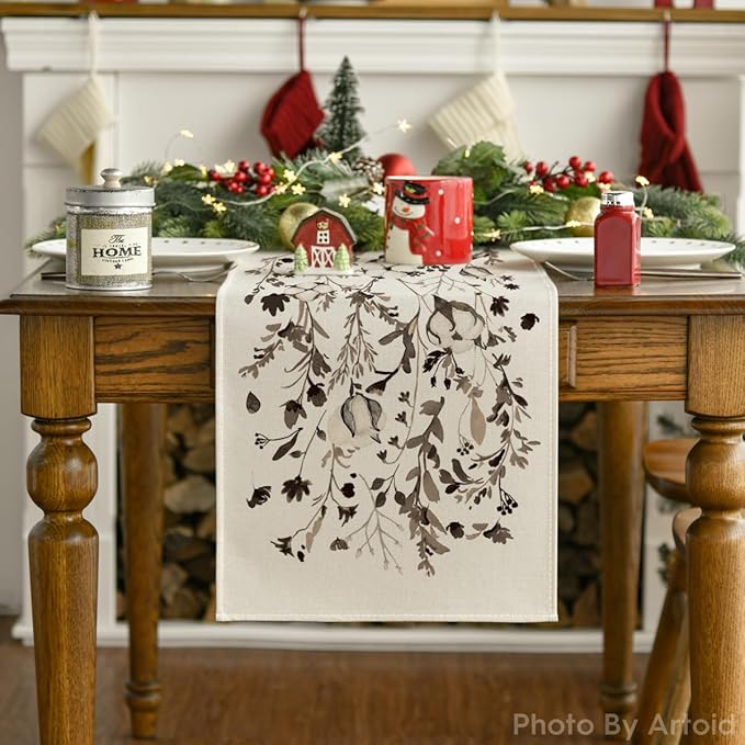 Artoid Mode Leaves and Flowers Cotton 210 GSM Winter Table Runner, Seasonal Christmas Kitchen Dining Table Decoration for Home Party Decor 13x108 Inch