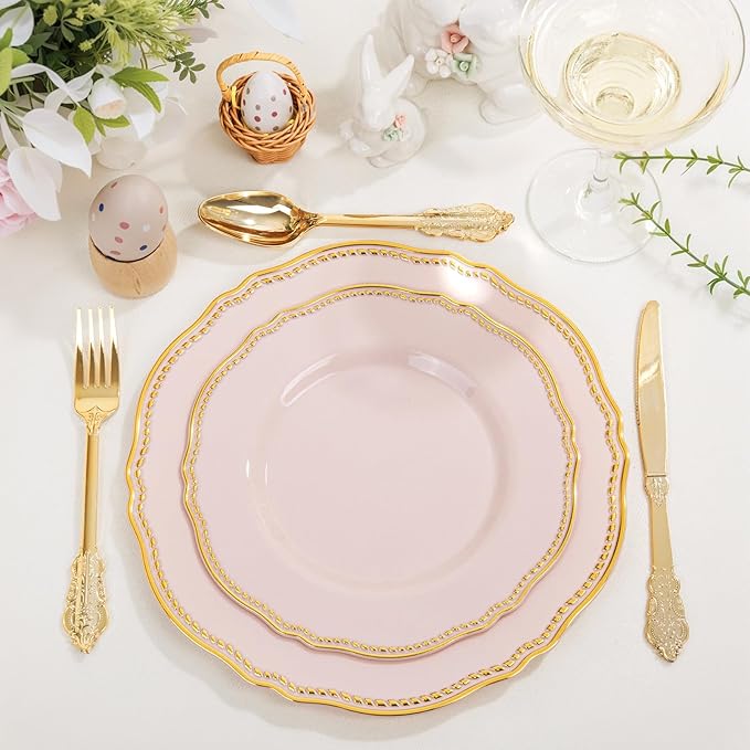 Hioasis 60pcs Pink Plastic Plates - Pink and Gold Disposable Dinnerware with Gold Rim, Heavy-duty, 10.25 inch, Dinner Plates for Party & Wedding