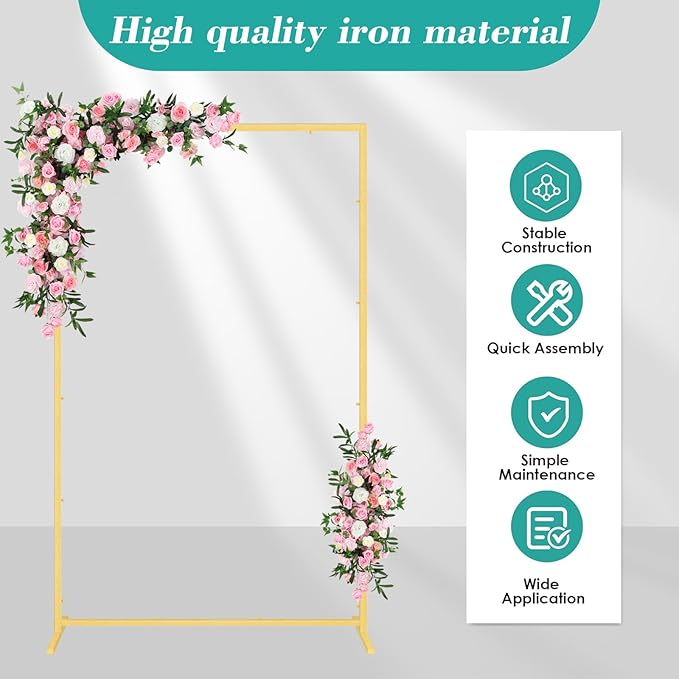 Wedding fashion arch background metal frame, (3.9, 5.2, 6.6 feet) suitable for background decoration frames such as weddings, birthdays, parties, baby showers, and photography (gold, 3.9*6.6)