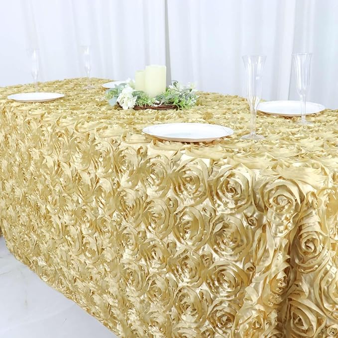 Efavormart 90"x132" Wholesale Rectangle Table Cover Champagne Grandiose Rosette 3D Satin Tablecloth for Wedding Party Event