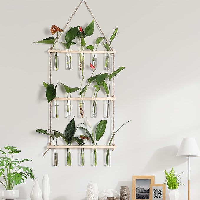 YIBOT Propagation Stations,3 Tiered of Propagation Tubes with Wooden Stand,Mini Glass Test Tubes Vase,Plant Terrarium for Hydroponic Home Garden Office Decor, Gardening Gift for Women Plant Lover