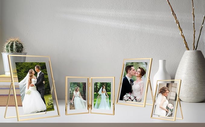 Gold 6x8''Floating Frame Set of 2,For Photo Sizes (3.5x5''4x6''5x7''),Metal Frames for Tabletop/Shelf Display,Classy Gift Choice for Wedding,Birthady,Home or Office Decor