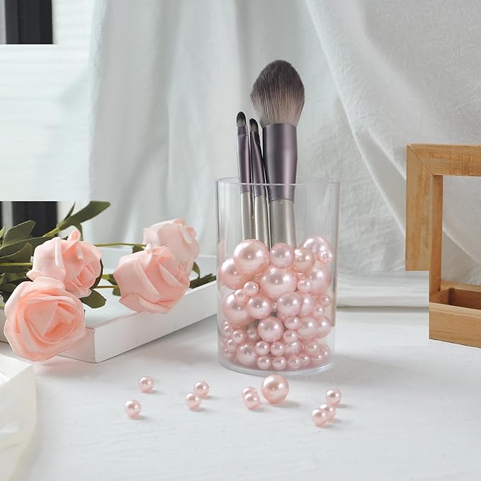 260Pcs Pink Glossy Beads for Centerpiece Decor, Artifical Pearls Vase Filler, Makeup Brush Beads, No Hole Round Pearl Beads for Wedding Birthday Christmas Party Home Decor(18mm 14mm 6mm)