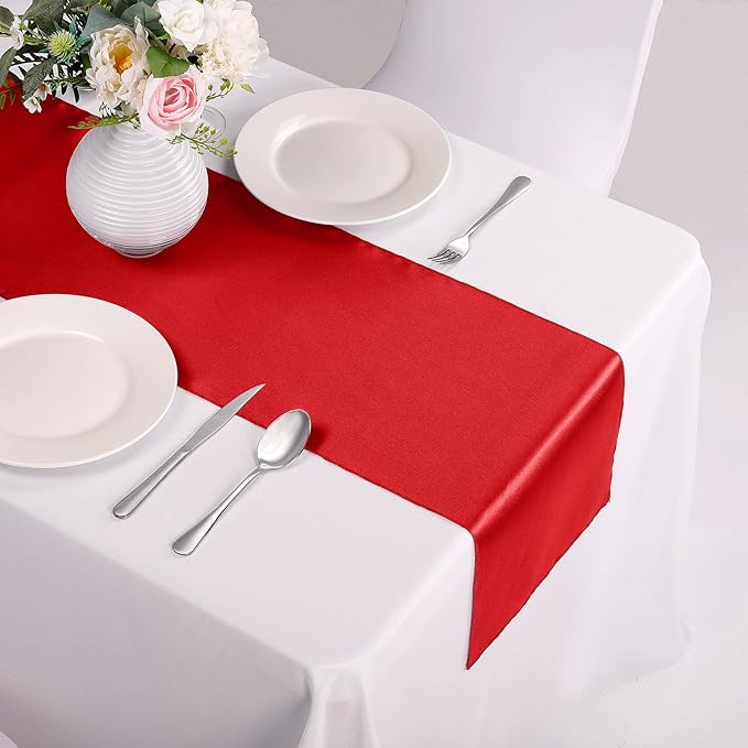 15-Pack Satin Table Runner Red 12 x 108 inches Long, Table Runners for Wedding, Birthday Parties, Banquets Decorations（15 Pack, 12x108 Inch, Red）