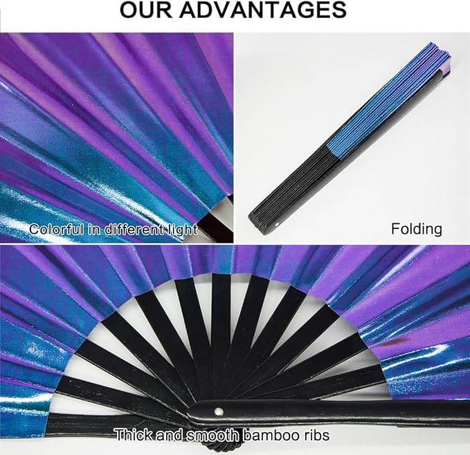 Large Rave Fan, Clack Folding Hand Fan with Premium Fabric, Thick Bamboo Frame for Men Women Gift for EDM, Festival, Club, Party, Dance, Decoration (Holographic Blue-Purple, 13")