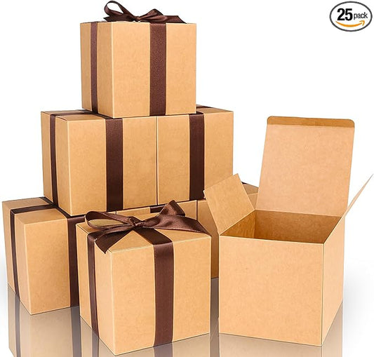 COTOPHER Small Gift Boxes 25 Pack 5x5x5 inches Brown Gift Boxes with Lids for Gifts, Crafting, Wedding Party Favor, Cupcake Boxes, Candy, Bridesmaids Proposal Box with Ribbons and Stickers