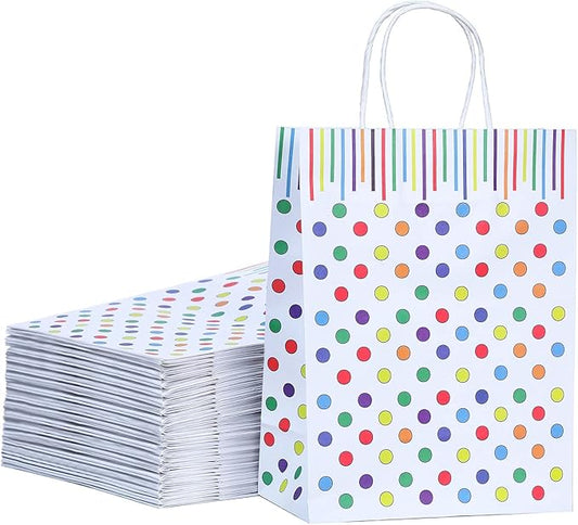 Bekoetoz 40 PCS White Kraft Paper Bags With Handles 8.3 * 5.9 * 3.1 Inch Bulk Gift Bags For Birthdays,Weddings,Baby Showers,Party Favor,Goodie Bags(Small,Dots)