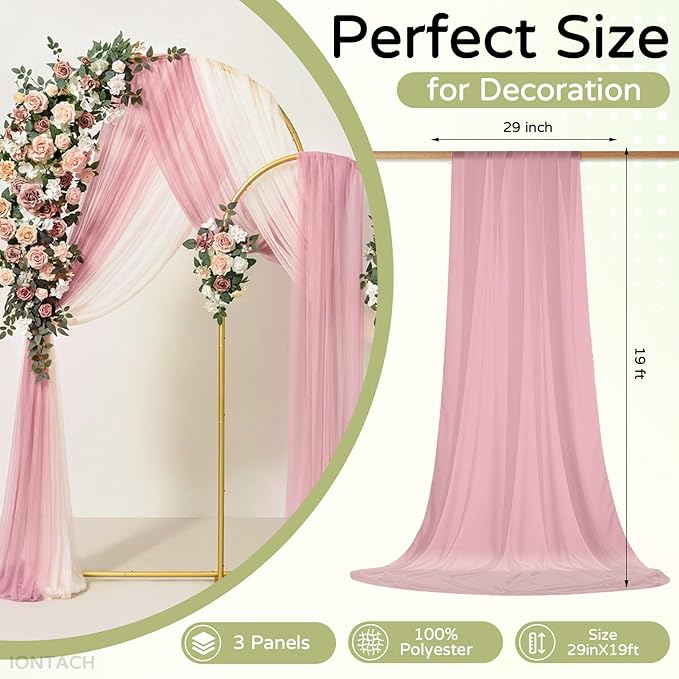 Wedding Arch Draping Fabric 29" x 19Ft Sheer Drapes for Backdrop Wedding Ceremony Reception Ceiling Decor Curtain Baby Bridal Shower Decoration (Dusty Rose, 3 Panels)