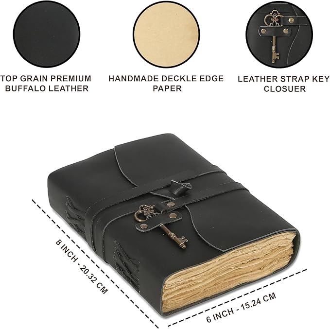 Leather Journal with Lined and Unlined Deckle Edge Paper 8x6 inch and Vintage Key | Handmade Writing Notebook Diary | Bound Daily Notepad for Men & Women Medium, Sketch/Writing pad for Artists