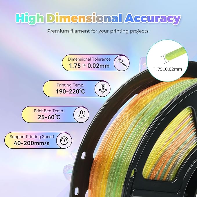 FLASHFORGE Translucent Glitter PLA Crystal Summer Reverie Rainbow Filament, Shiny Sparkling Gradient 3D Printer Filament, Fast Color Change Between Green Yellow Orange Purple, Adjustable Transparency