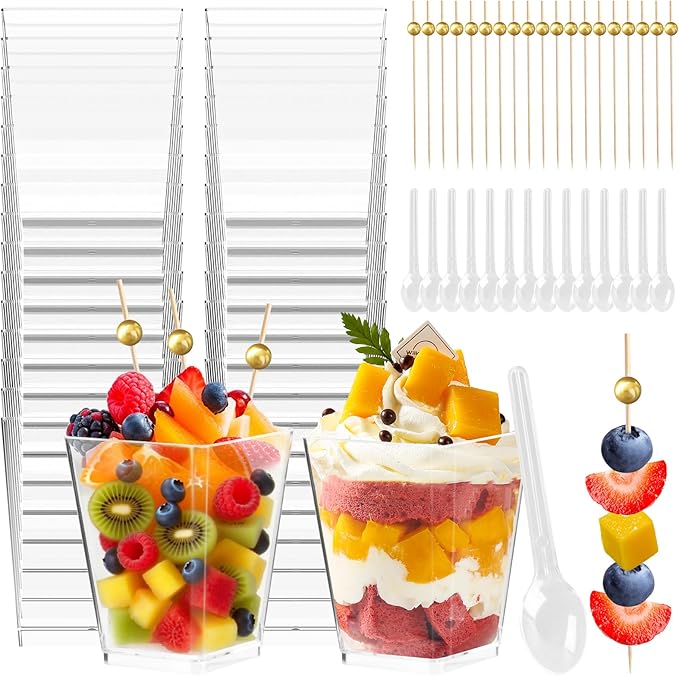 Kosotody 150 Pcs 5 OZ Dessert Cups with Spoons Cocktail Picks, Square Appetizer Cups Clear Mini Mini Party Serving Cups for Party Appetizers Pudding Yogurt Ice Cream Fruit