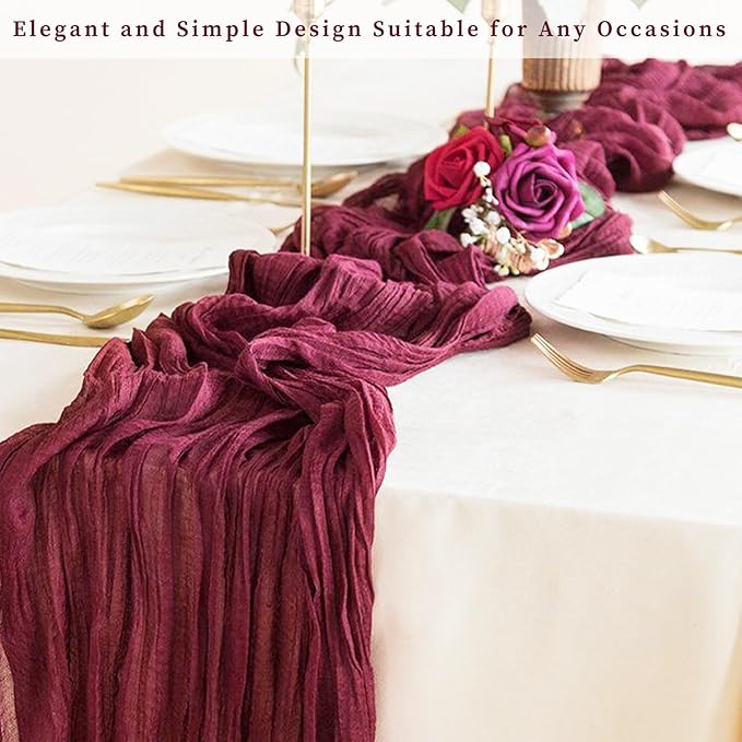 Burgundy 12 Pack Cheesecloth Table Runner 10FT Rustic Gauze Cheese Cloth Table Runner for Wedding Bridal Baby Shower Table Decor 20 x 120 Inch Long Boho Fabric Sheer Birthday Party Table Decorations