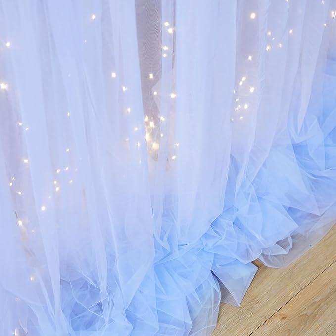 Blue Tulle Backdrop Curtains with Lights String for Parites Baby Shower 20×8ft Blue Sheer Backdrop Curtains Drapes for Bridal Shower Birthday Party Photo Shoot Background Decorations(4 Panels 5×8ft)