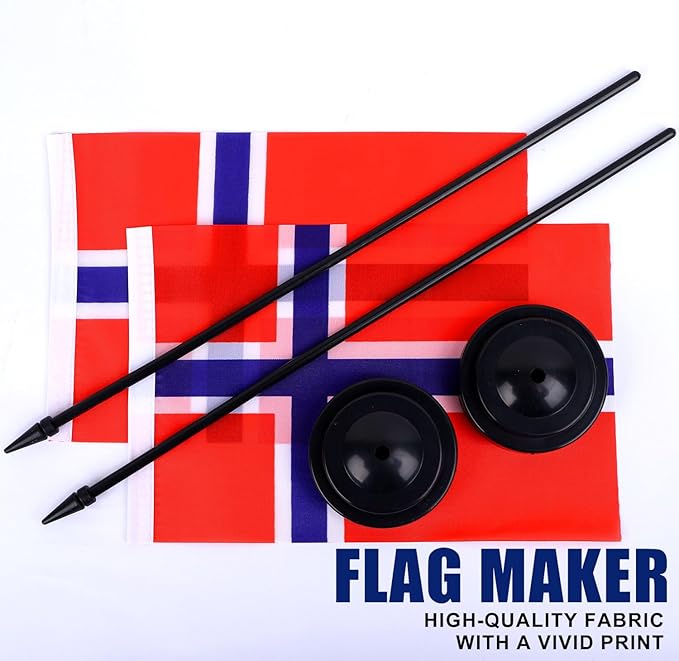 Norway Desk Flag 12" Solid Pole Deluxe Set Norwegian Flags Banner Mini Small Norway Office Table Flags with Black Stand Base Desktop Decorations(2Pack)
