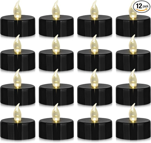 Nancia 12PACK Flameless LED Tea Lights Candles, Realistic and Bright Flickering Long Lasting 200Hours Battery-Powered, Ideal Party, Wedding, Birthday, Gifts Home Decoration Black