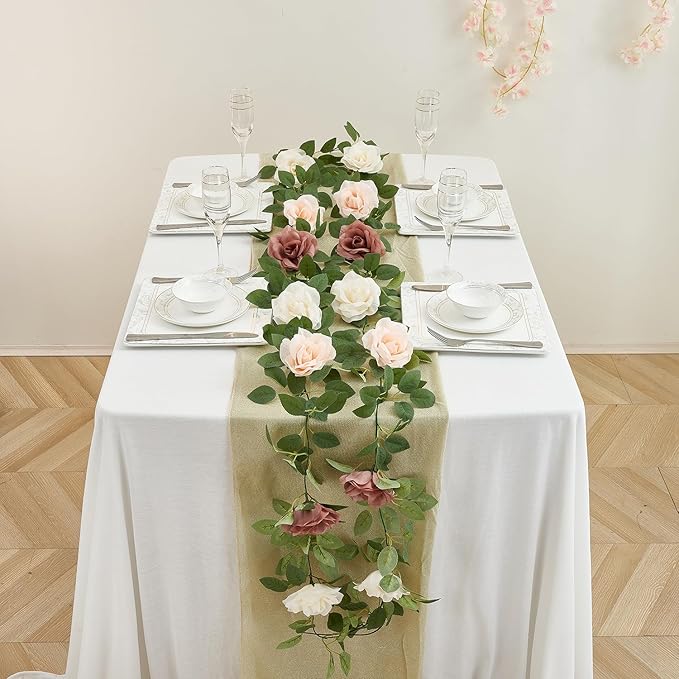 Artificial Rose Garlands Rose Vines Leaves Banners Hanging Floral Garland Fake Rose Flower Vine for Wedding Arch Ceremony Home Garden Outdoor Party Wall Decorations