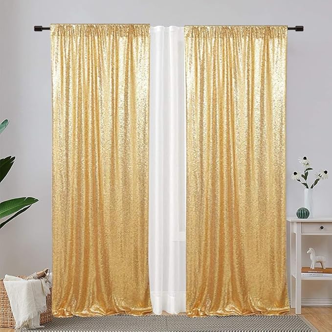 Eternal Beauty Gold Sequin Backdrop Curtains, Shimmer Back Drop 4Panels-2FTx8FT for Christmas, Party, Birthday, Photography, Wedding, Baby Shower Event Decoration