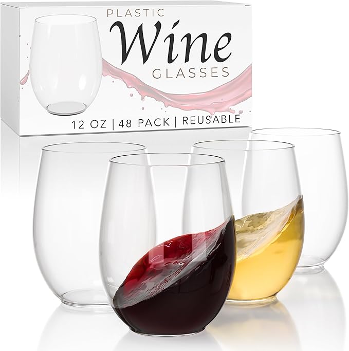 Exquisite 48 Pcs Unbreakable Stemless Plastic Wine Glasses Disposable Wine Glasses Stemless 12 Oz Clear Plastic Cocktail Cups Clear Party Cups Disposable Cocktail Glass Weddings & Events