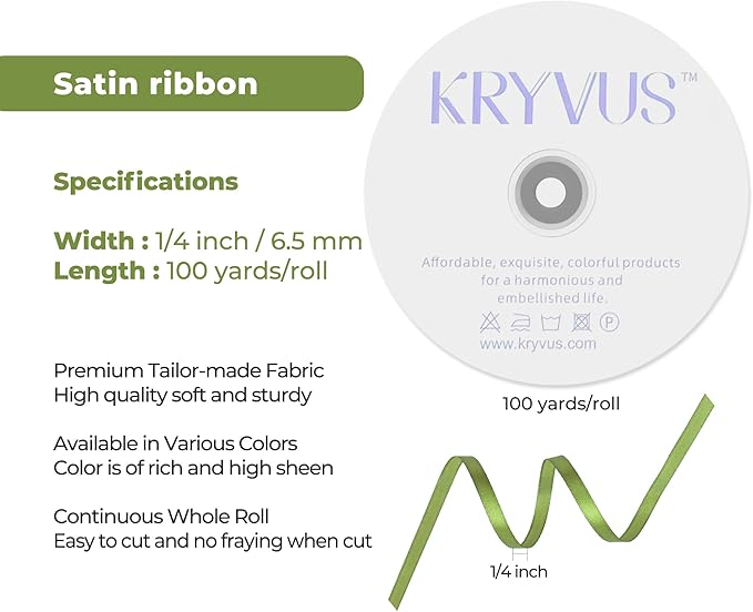 Olive Green Satin Ribbon 1/4 inch X Continuous 100 Yards, Single Face Polyester Ribbon Perfect for Gift Wrapping, Flower Bouquet, Wedding Decor, Crafts, Bow Making, Sewing and More