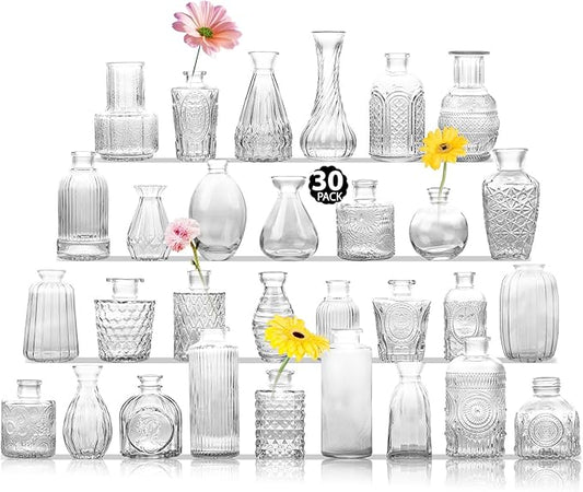 Glass Bud Vase Set of 30, Clear Bud Vases in Bulk, Small Flower Vases for Table Centerpieces, Mini Vintage Vases for Rustic Wedding Party, Bridal Shower, Home Decoration (30 Pack)